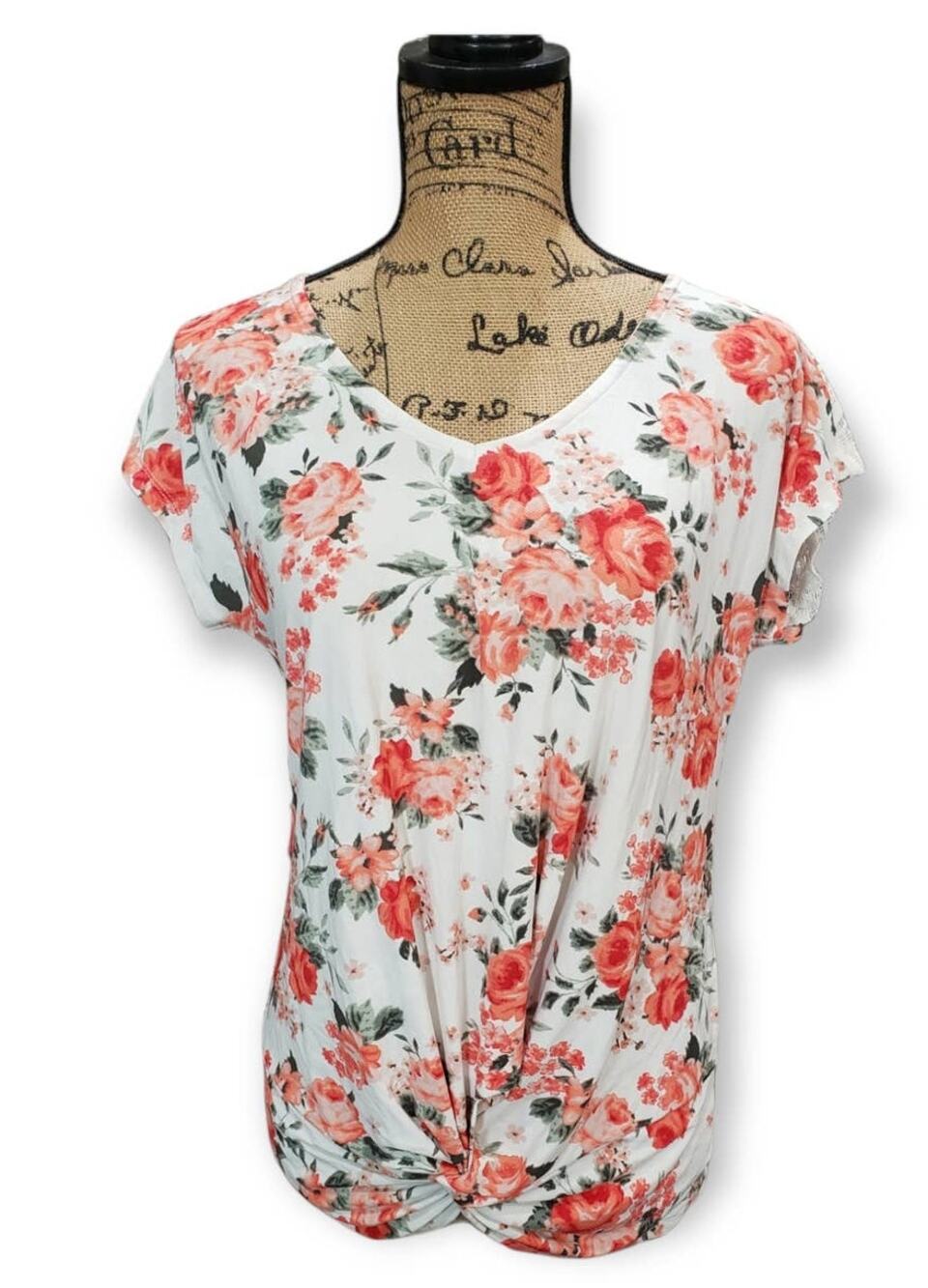 Bobbie Brooks Floral Print Lace Back w. Front Knot Short Sleeved Shirt